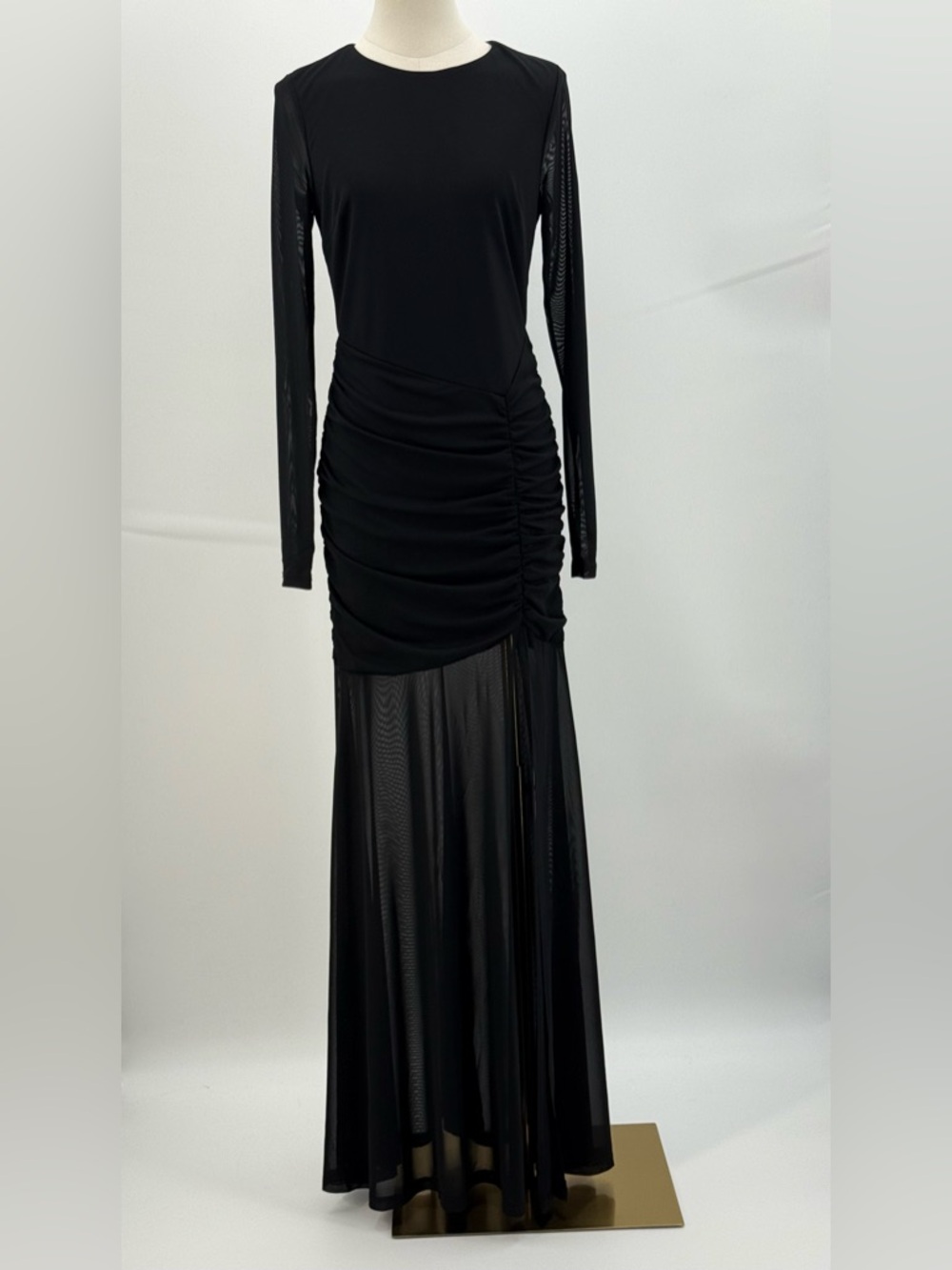Lulus Vibrant Poise Black Mesh Ruched Maxi Dress Long Sleeve Sheer Hem Bodycon - Picture 4 of 15